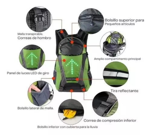 Mochila con luz led direccionales para ciclistas, motorizados y personas que se transportan en scooter